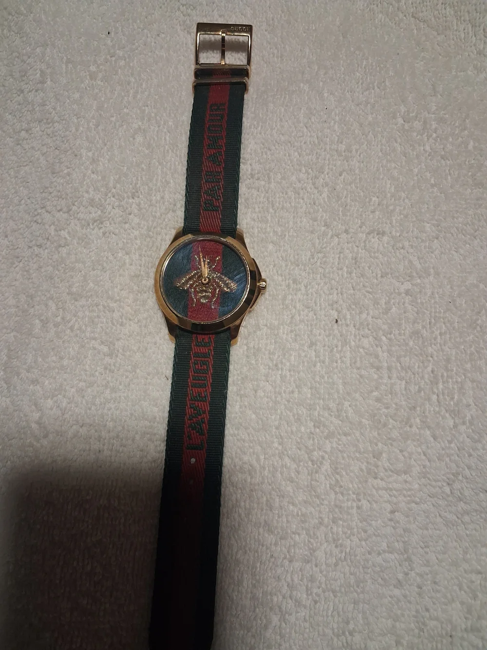 Gucci G timeless Swiss Gold-Tone Bee Dial Watch with Green and Red Stripe Strap
